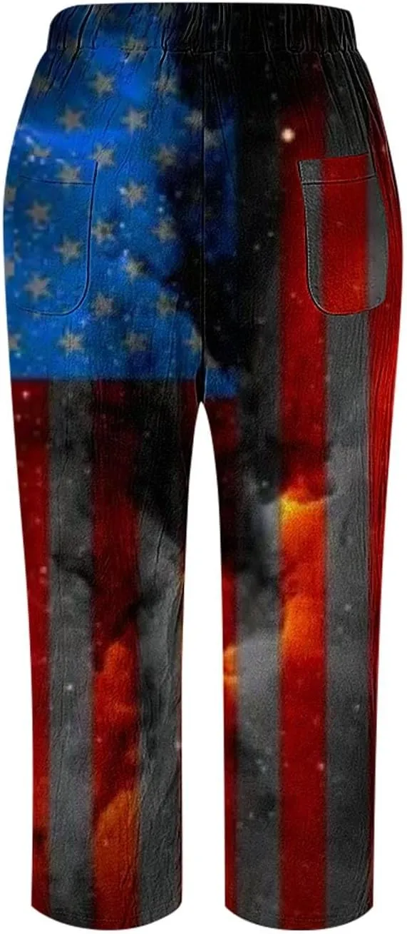 Boho Linen Pants for Women 2025 Sleeve Independence Day American Flag Print Family Print Pants Capri Pants 2025