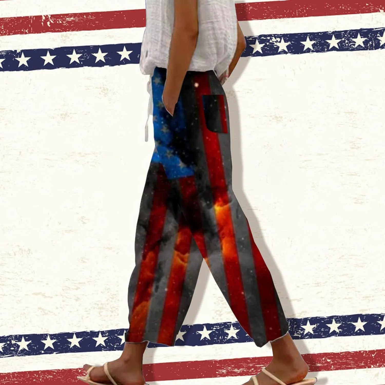 Boho Linen Pants for Women 2025 Sleeve Independence Day American Flag Print Family Print Pants Capri Pants 2025