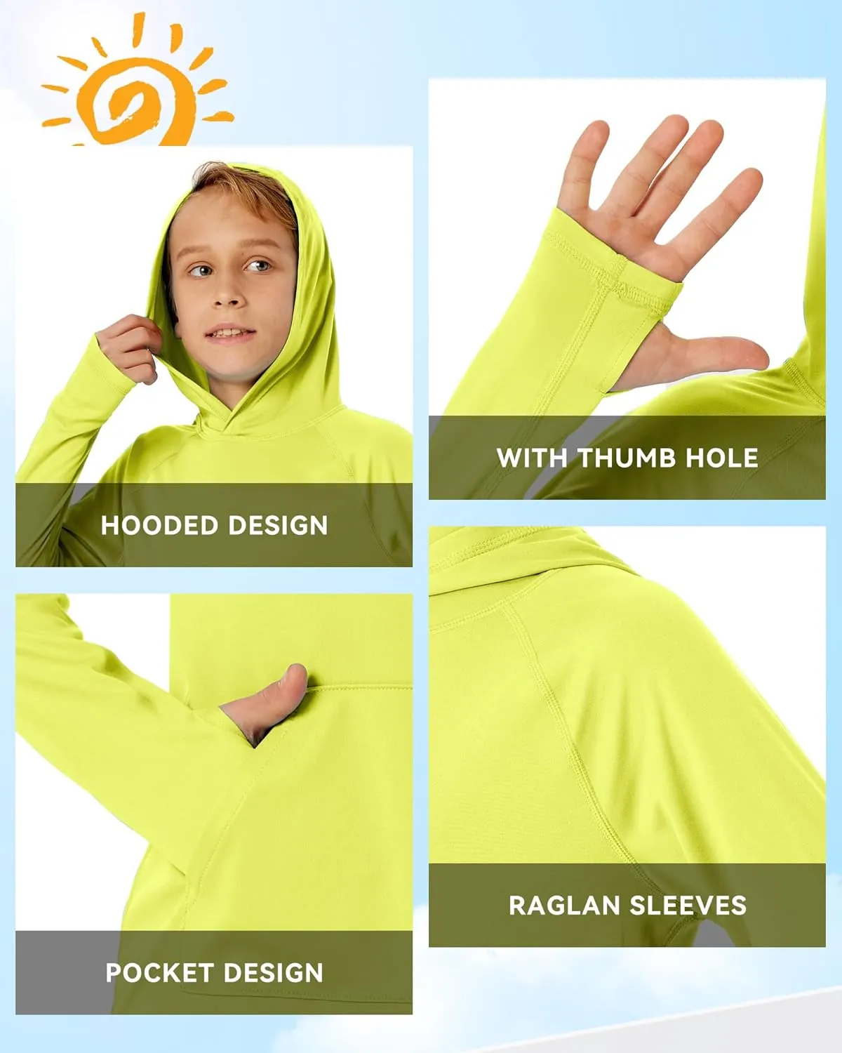 Boys Rash Guard Long Sleeve Hoodie Swim Shirt with Pocket Youth Kids UPF 50  Sun Protection Fishing Shirts Thumb Hole