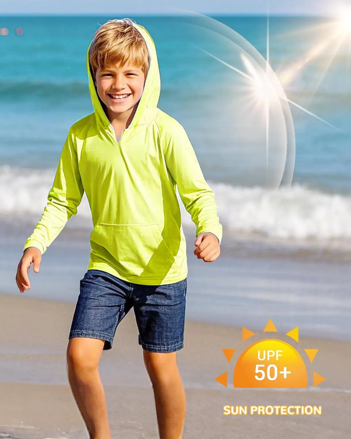 Boys Rash Guard Long Sleeve Hoodie Swim Shirt with Pocket Youth Kids UPF 50  Sun Protection Fishing Shirts Thumb Hole