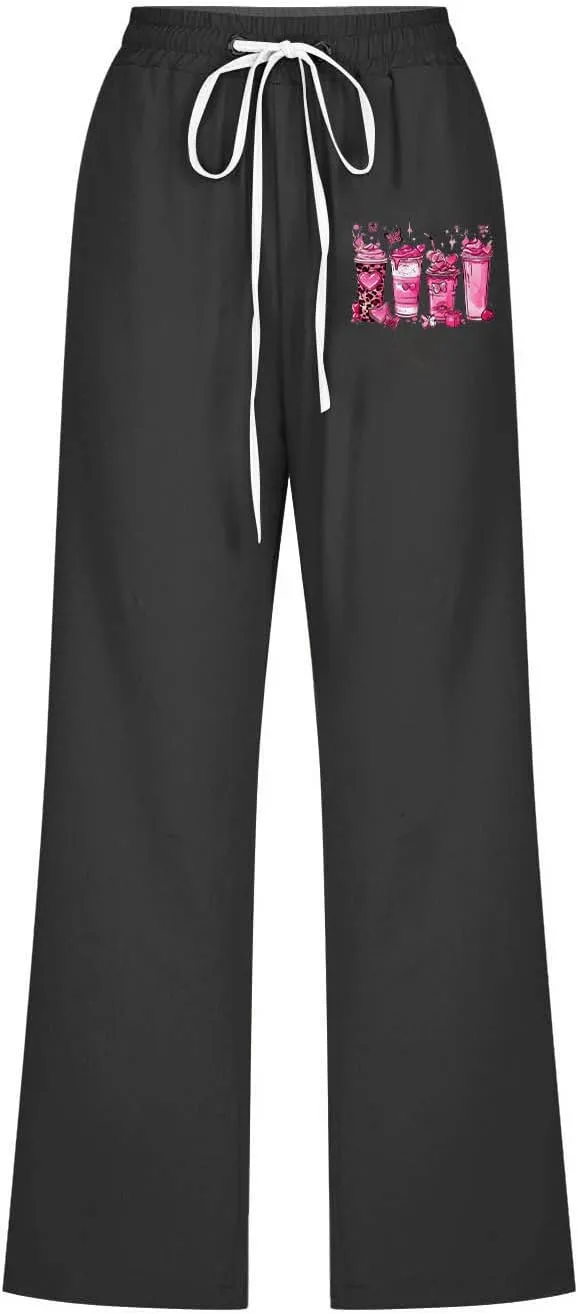 Breast Cancer Capri Pants for Women Drawstring Elastic High Waist Linen Pants Pink Ribbon Straight Cropped Trouser