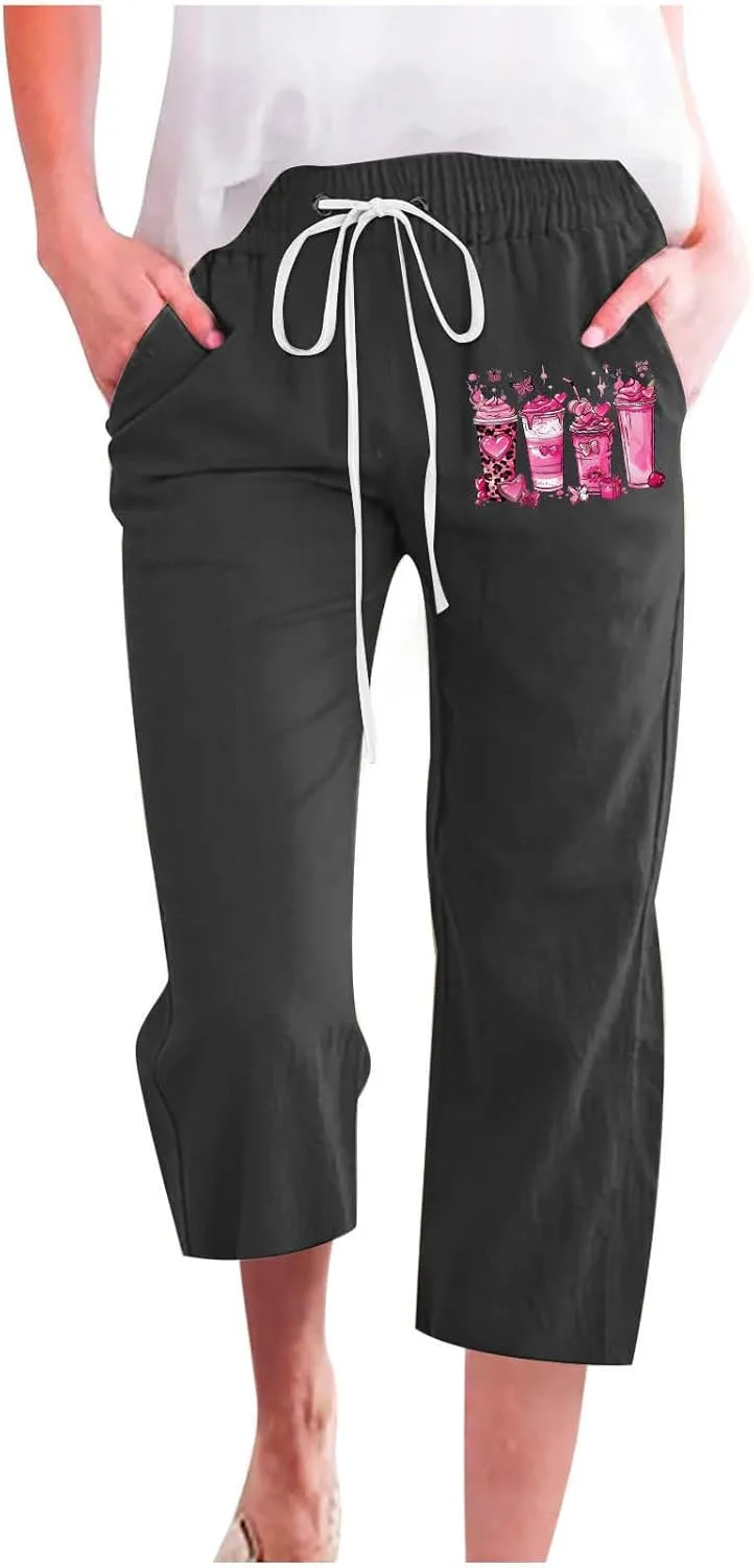 Breast Cancer Capri Pants for Women Drawstring Elastic High Waist Linen Pants Pink Ribbon Straight Cropped Trouser