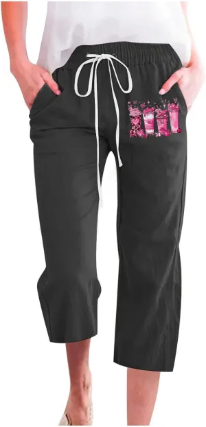 Breast Cancer Capri Pants for Women Drawstring Elastic High Waist Linen Pants Pink Ribbon Straight Cropped Trouser