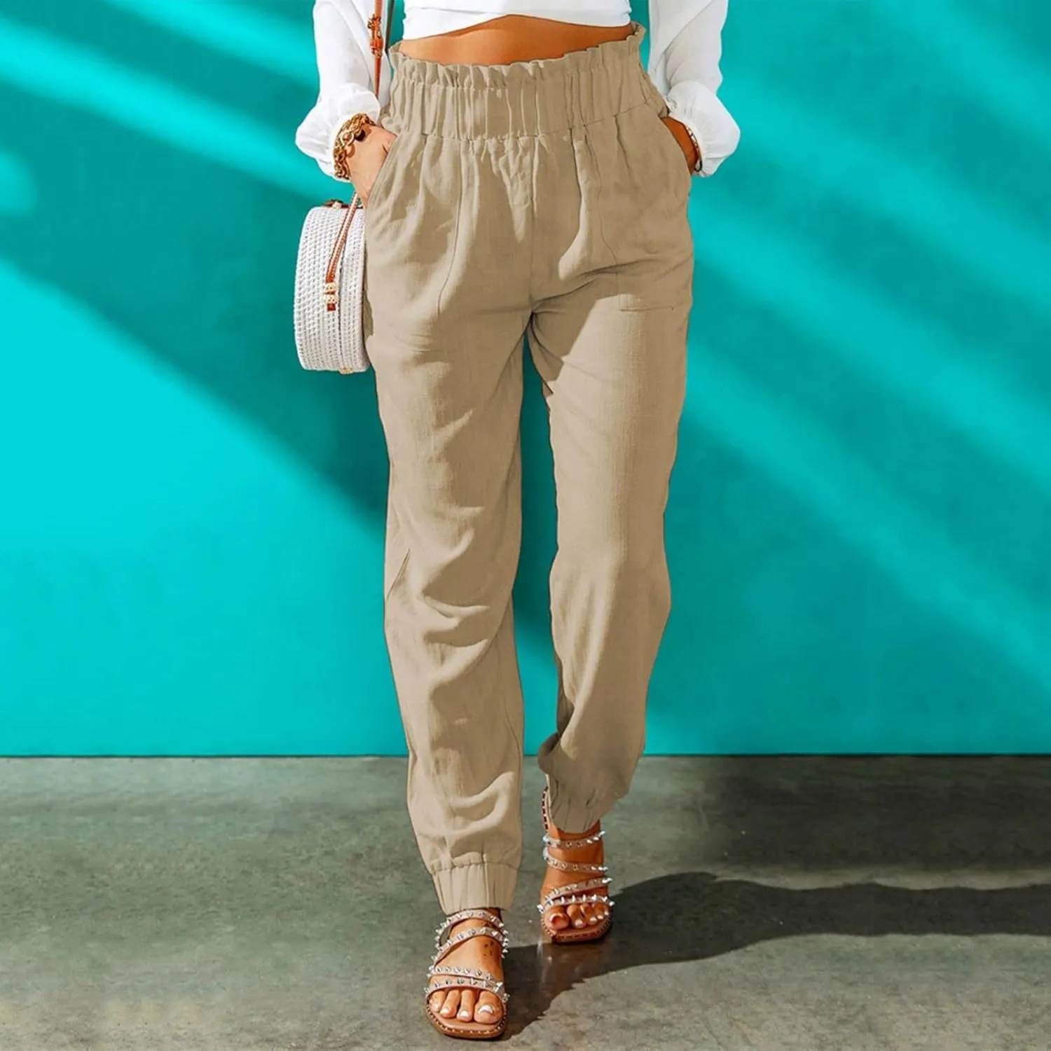 Canbebig Women's Elastic High Waist Cotton Linen Pants Solid Ruffled Long Palazzo Pants Casual Loose Trousers with Pockets