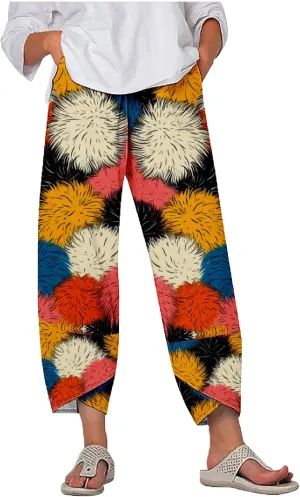 Capri Pants Casual Summer Printed Cropped Linen Blend Comfy Baggy Trousers with Pockets Wide Leg Pants Woman