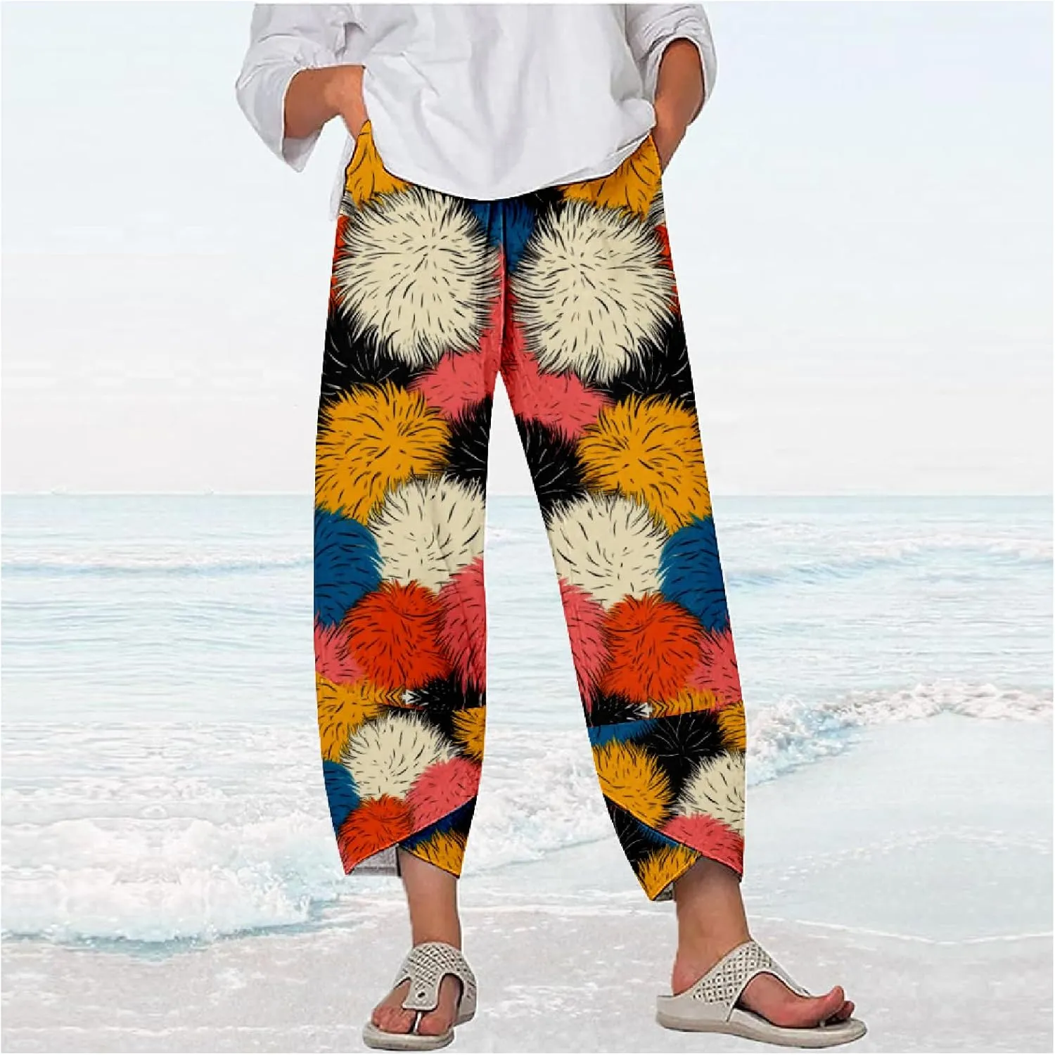 Capri Pants Casual Summer Printed Cropped Linen Blend Comfy Baggy Trousers with Pockets Wide Leg Pants Woman
