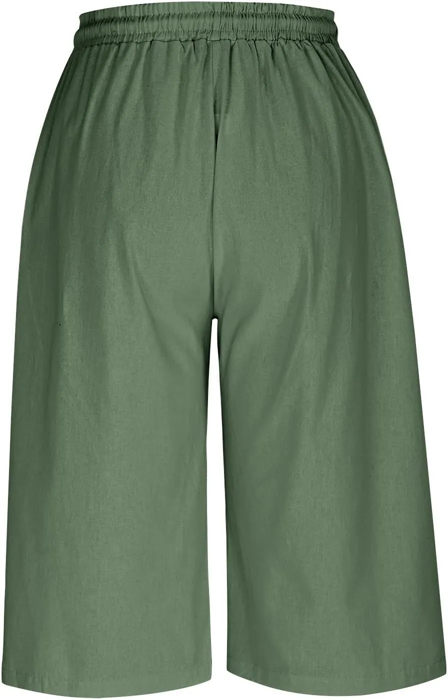Capri Pants for Women Casual Summer Cotton Linen Capris Elastic High Waist Pants Wide Leg Cropped Trousers