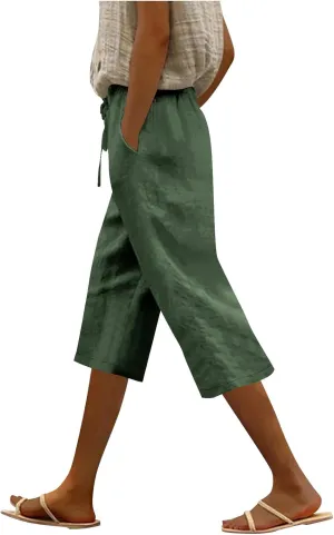 Capri Pants for Women Casual Summer Cotton Linen Capris Elastic High Waist Pants Wide Leg Cropped Trousers
