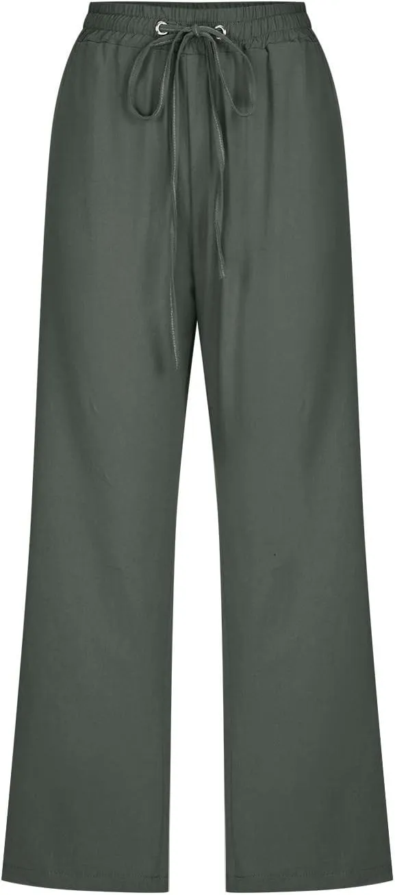 Capri Pants for Women Casual Summer Cotton Linen Cropped Pant Elastic High Waist Capris Straight Leg Lounge Trouser