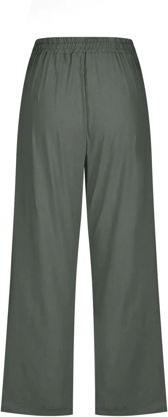 Capri Pants for Women Casual Summer Cotton Linen Cropped Pant Elastic High Waist Capris Straight Leg Lounge Trouser