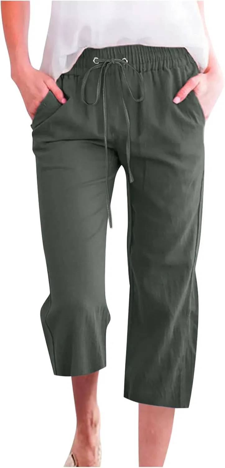 Capri Pants for Women Casual Summer Cotton Linen Cropped Pant Elastic High Waist Capris Straight Leg Lounge Trouser
