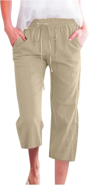 Capri Pants for Women Casual Summer Cotton Linen Cropped Pant Elastic High Waist Capris Straight Leg Lounge Trouser