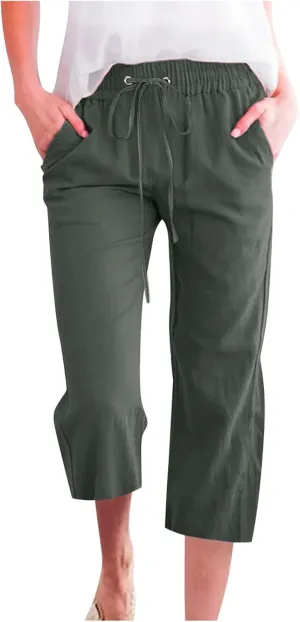 Capri Pants for Women Casual Summer Cotton Linen Cropped Pant Elastic High Waist Capris Straight Leg Lounge Trouser