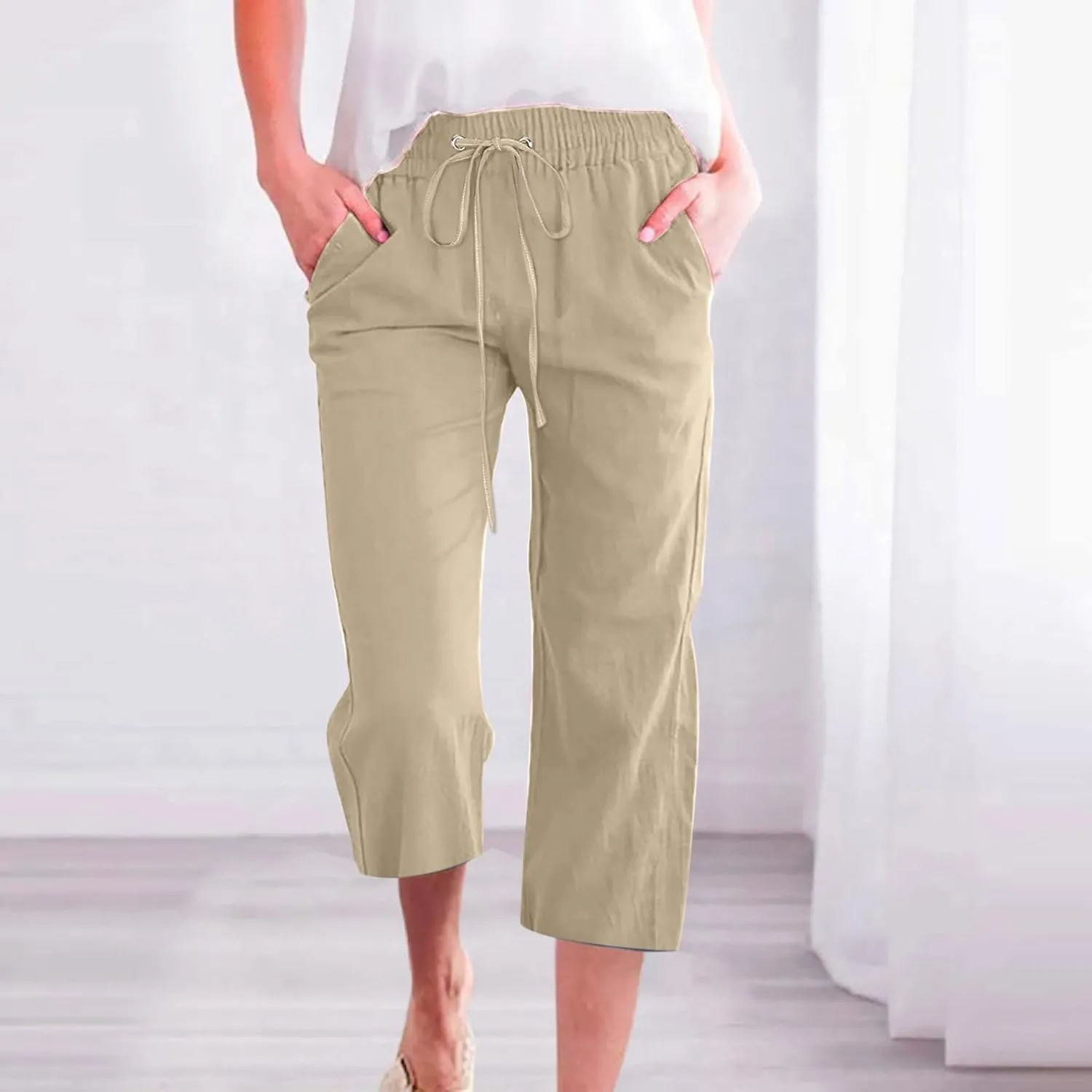 Capri Pants for Women Casual Summer Cotton Linen Cropped Pant Elastic High Waist Capris Straight Leg Lounge Trouser