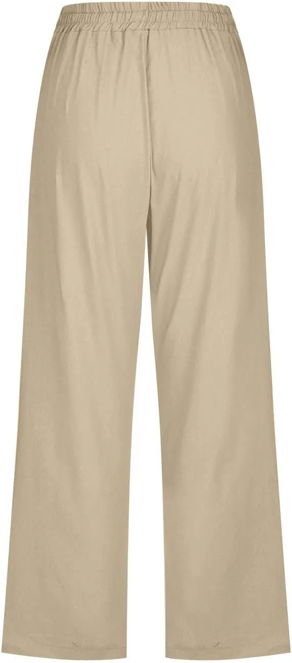 Capri Pants for Women Casual Summer Cotton Linen Cropped Pant Elastic High Waist Capris Straight Leg Lounge Trouser