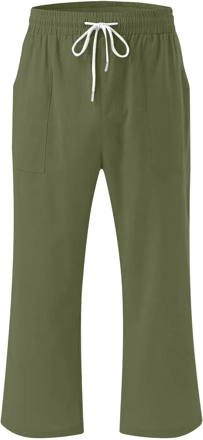 Capri Pants for Women Casual Summer Drawstring Capris Linen Pants Pockets Beach Straight Wide Leg Cropped Trousers