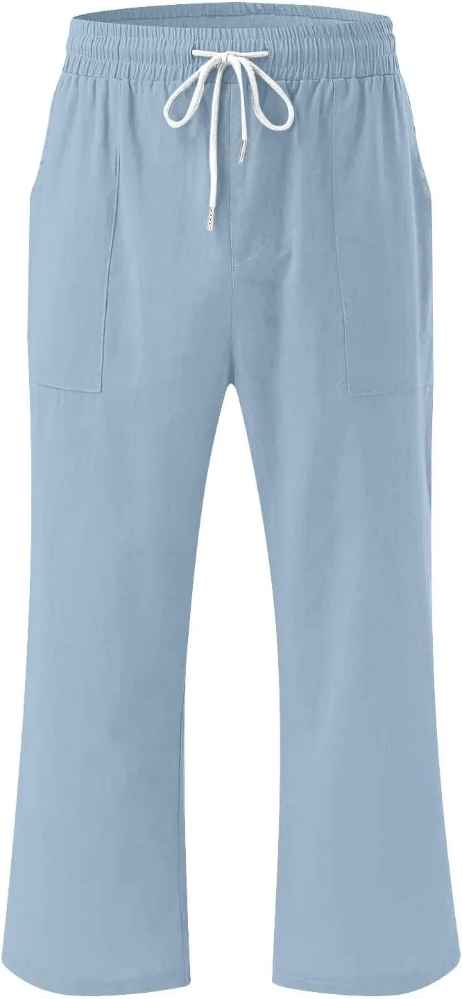 Capri Pants for Women Casual Summer Drawstring Capris Linen Pants Pockets Beach Straight Wide Leg Cropped Trousers