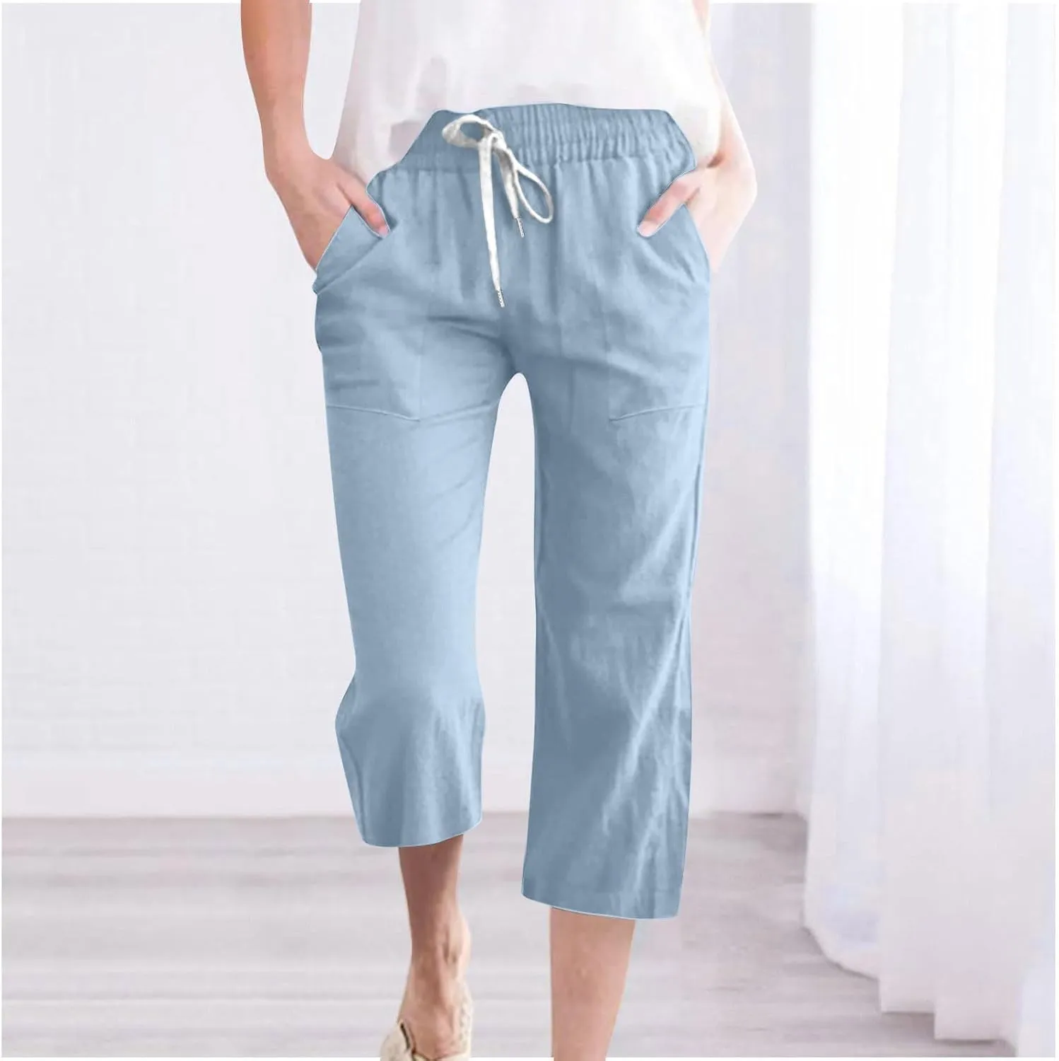 Capri Pants for Women Casual Summer Drawstring Capris Linen Pants Pockets Beach Straight Wide Leg Cropped Trousers