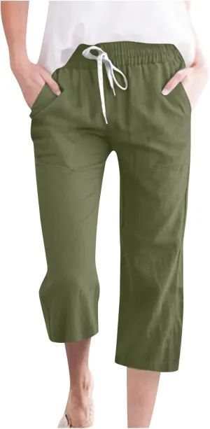Capri Pants for Women Casual Summer Drawstring Capris Linen Pants Pockets Beach Straight Wide Leg Cropped Trousers