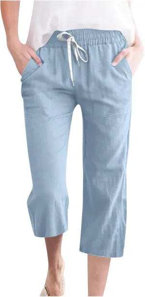 Capri Pants for Women Casual Summer Drawstring Capris Linen Pants Pockets Beach Straight Wide Leg Cropped Trousers