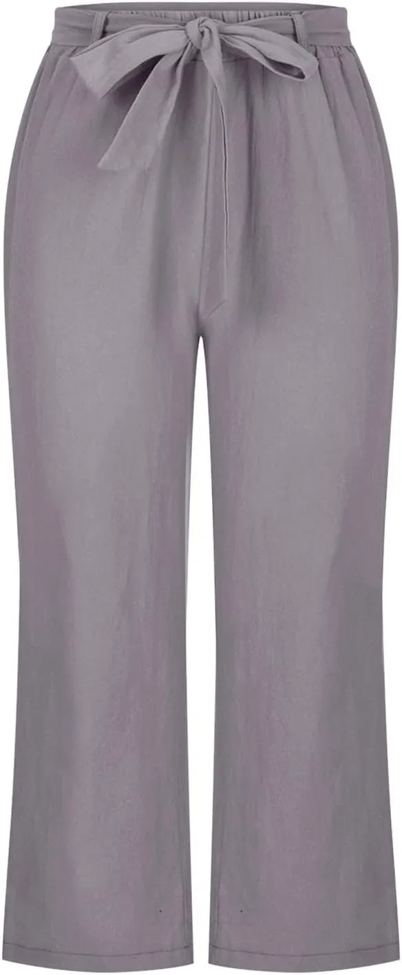 Capri Pants for Women Casual Summer Drawstring Elastic High Waist Linen Pants Straight Leg Plus Size Lounge Capris