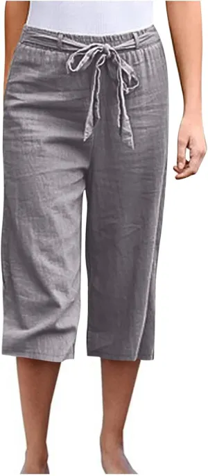 Capri Pants for Women Casual Summer Drawstring Elastic High Waist Linen Pants Straight Leg Plus Size Lounge Capris