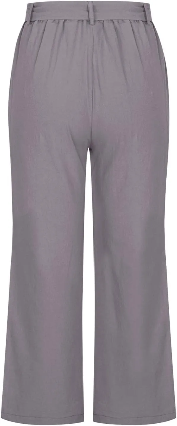 Capri Pants for Women Casual Summer Drawstring Elastic High Waist Linen Pants Straight Leg Plus Size Lounge Capris