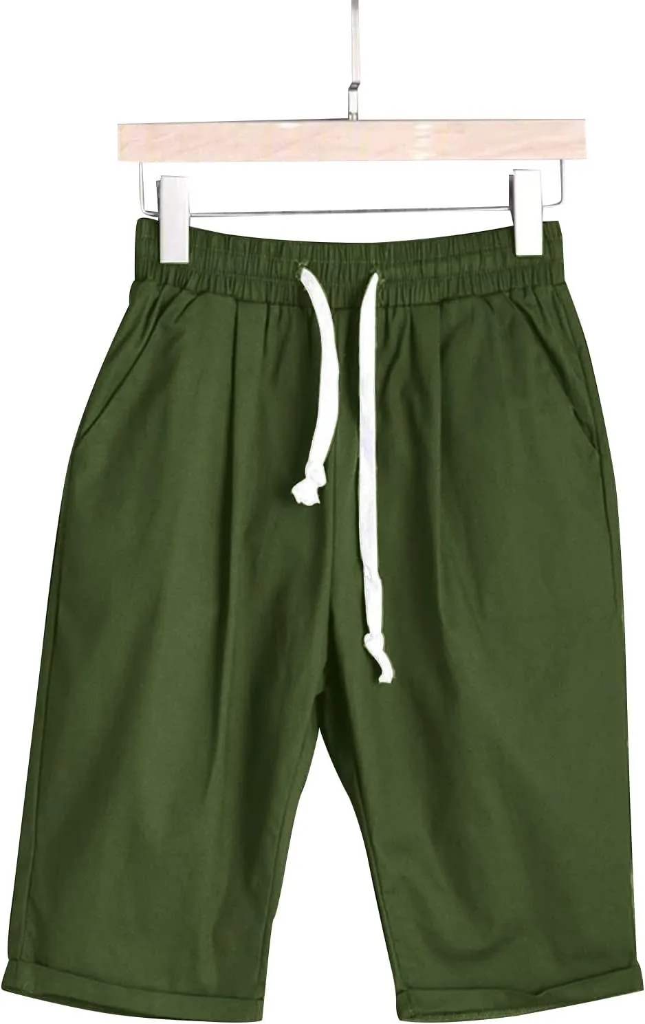 Capri Pants for Women Striped Linen Capris Comfort Plus Size Pants Elastic High Waisted Drawstring Rolled Hem Shorts
