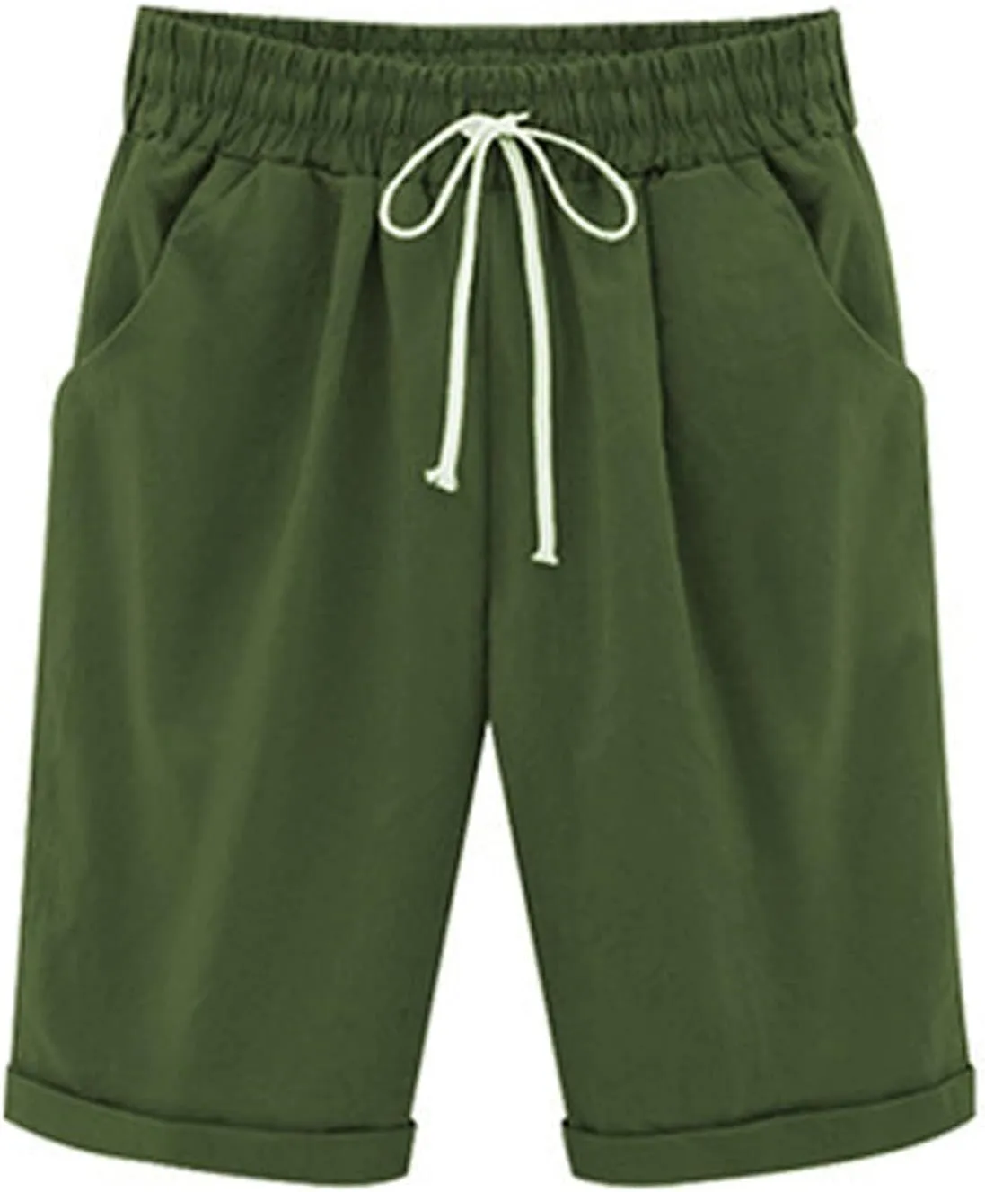 Capri Pants for Women Striped Linen Capris Comfort Plus Size Pants Elastic High Waisted Drawstring Rolled Hem Shorts