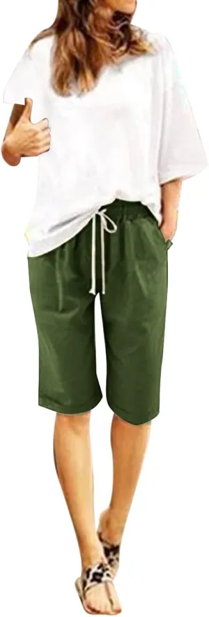 Capri Pants for Women Striped Linen Capris Comfort Plus Size Pants Elastic High Waisted Drawstring Rolled Hem Shorts
