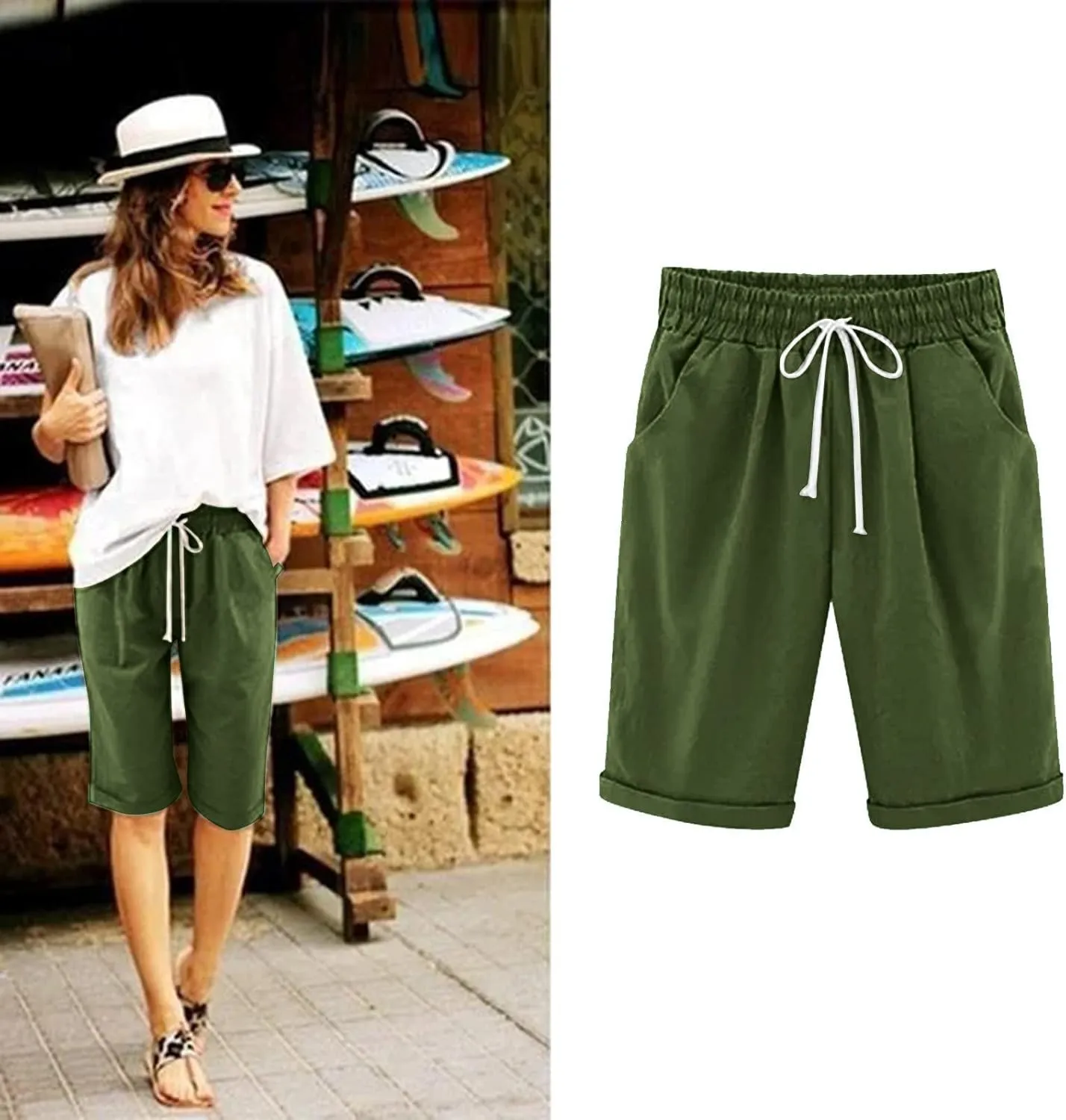 Capri Pants for Women Striped Linen Capris Comfort Plus Size Pants Elastic High Waisted Drawstring Rolled Hem Shorts