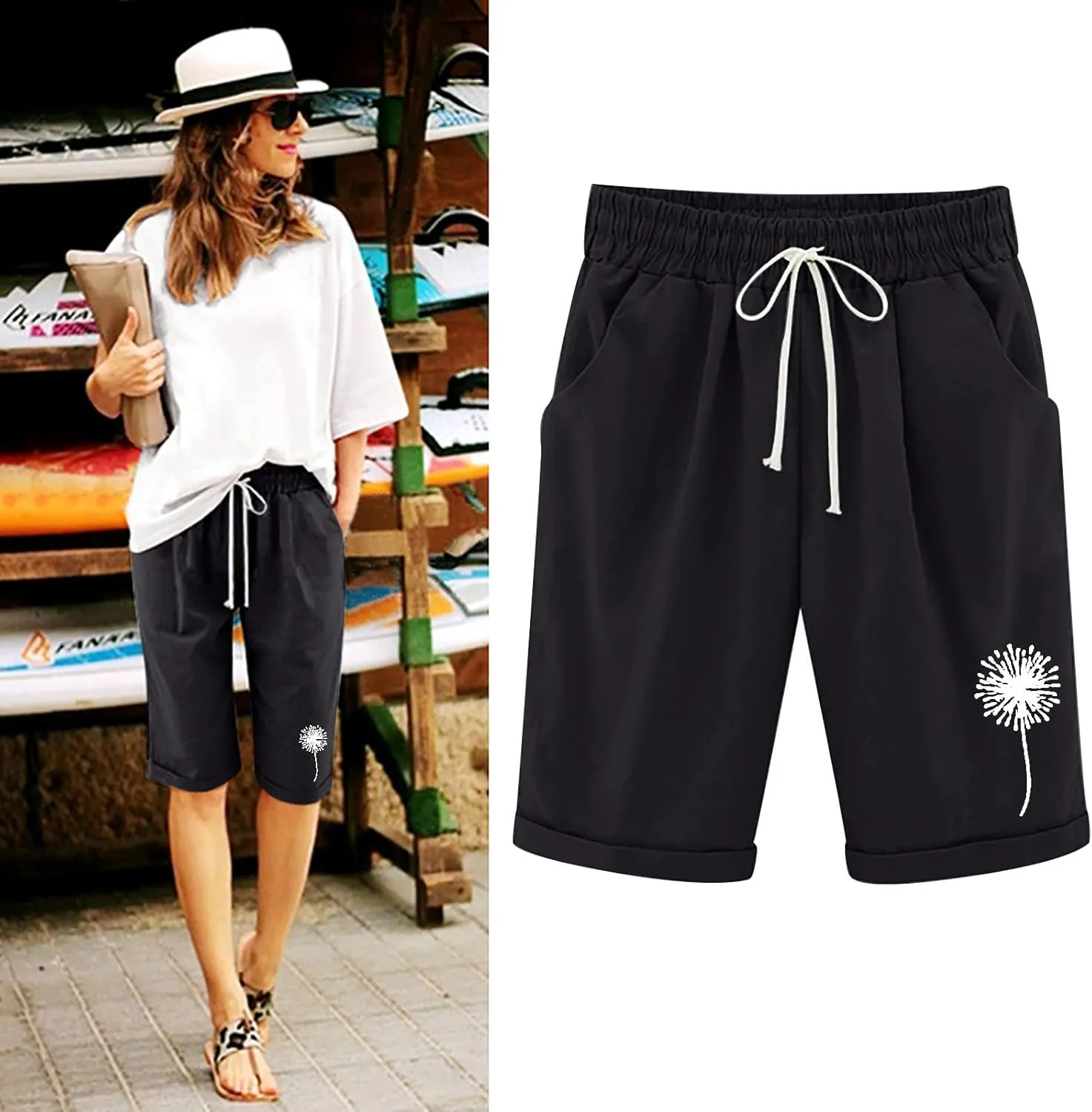 Capri Pants for Women Striped Linen Capris Comfort Plus Size Pants Elastic High Waisted Drawstring Rolled Hem Shorts