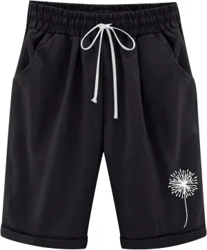 Capri Pants for Women Striped Linen Capris Comfort Plus Size Pants Elastic High Waisted Drawstring Rolled Hem Shorts