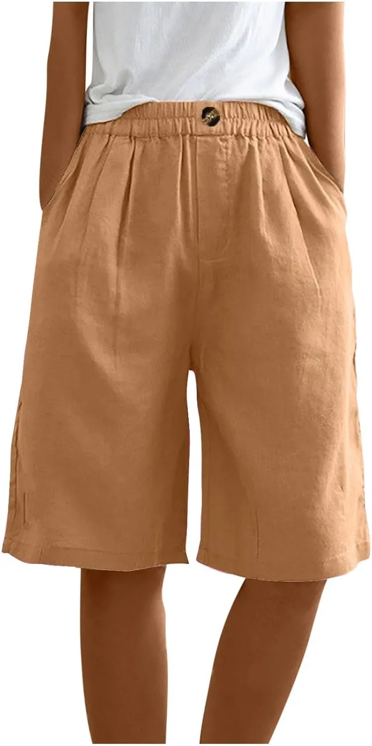 Capri Pants for Women Summer Cotton Linen Capris Wide Leg Cropped Trouser Drawstring Elastic High Waist Pants