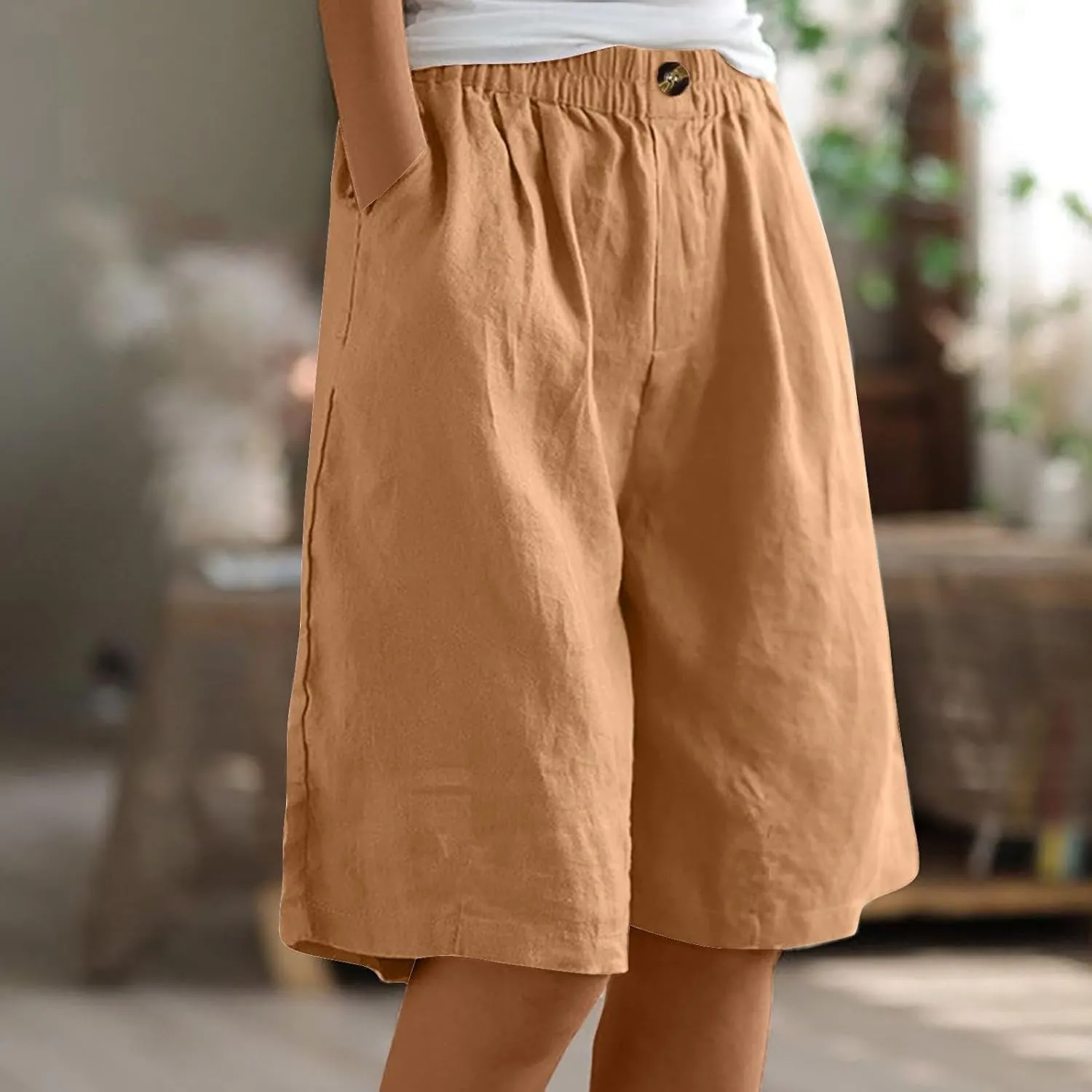 Capri Pants for Women Summer Cotton Linen Capris Wide Leg Cropped Trouser Drawstring Elastic High Waist Pants