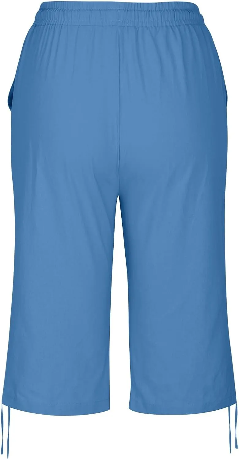 Capri Pants for Womens Summer Linen High Waisted Drawstring Wide Leg Capris Lightweight Elastic Casual Trousers