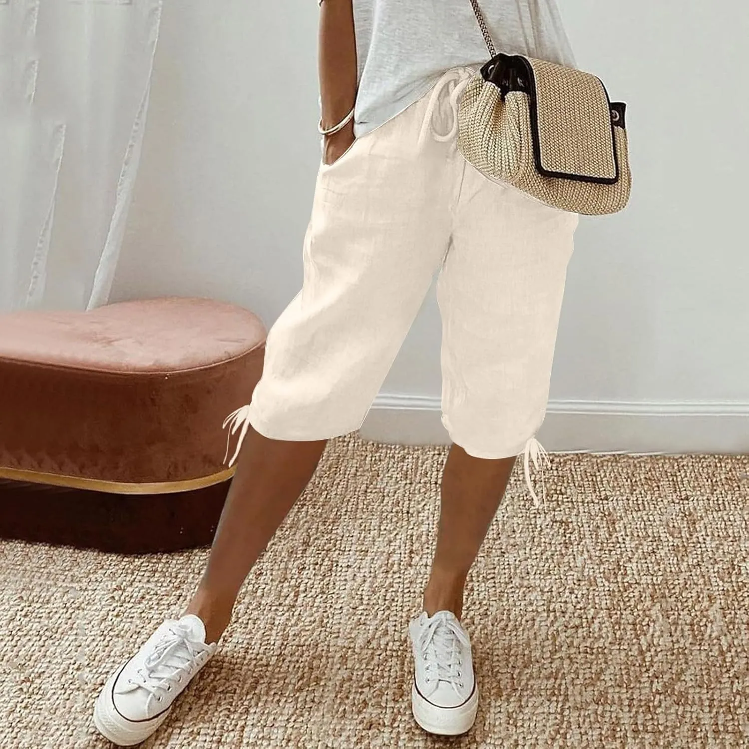 Capri Pants for Womens Summer Linen High Waisted Drawstring Wide Leg Capris Lightweight Elastic Casual Trousers