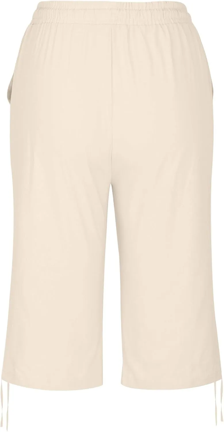 Capri Pants for Womens Summer Linen High Waisted Drawstring Wide Leg Capris Lightweight Elastic Casual Trousers