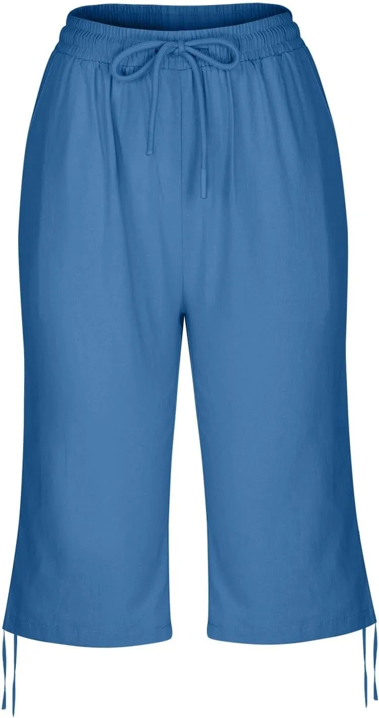 Capri Pants for Womens Summer Linen High Waisted Drawstring Wide Leg Capris Lightweight Elastic Casual Trousers