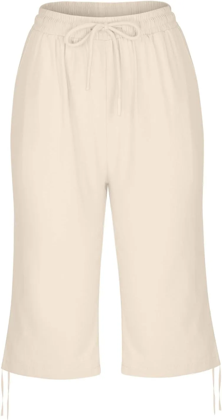 Capri Pants for Womens Summer Linen High Waisted Drawstring Wide Leg Capris Lightweight Elastic Casual Trousers
