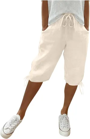 Capri Pants for Womens Summer Linen High Waisted Drawstring Wide Leg Capris Lightweight Elastic Casual Trousers