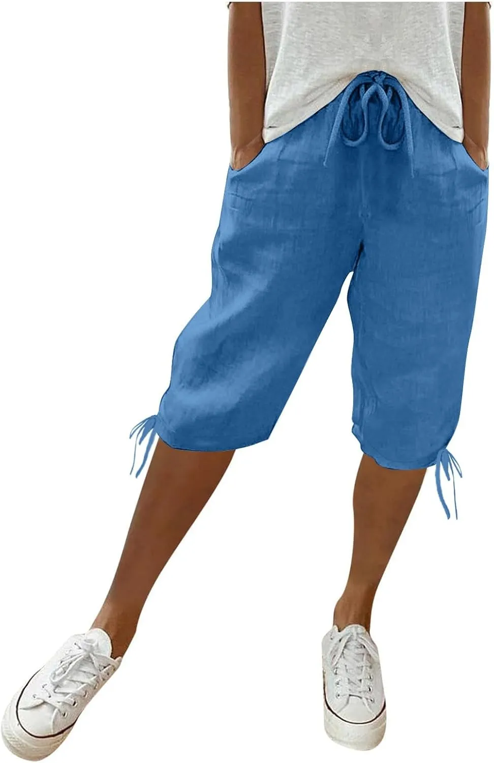 Capri Pants for Womens Summer Linen High Waisted Drawstring Wide Leg Capris Lightweight Elastic Casual Trousers