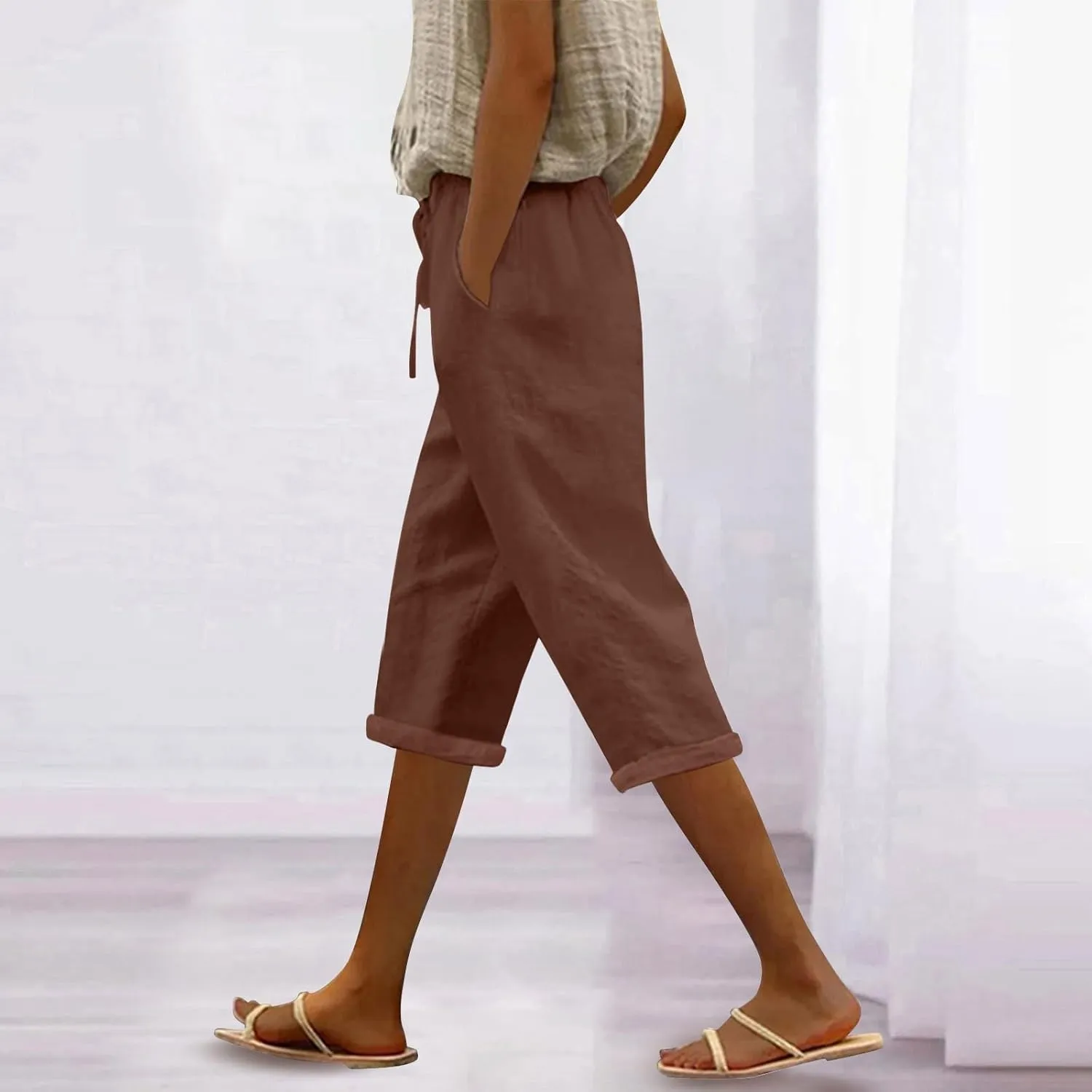 Capris Pants for Women Color Cotton Linen Elastic Seven Pants Beach Casual Pants Linen Baggy Comfort Trousers with