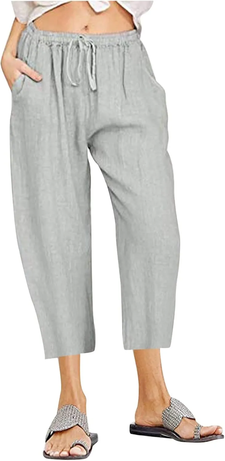 Capris Pants for Women Cotton Linen Casual Summer 2025 Loose Fit Drawstring Elastic Waist Cropped Trouser Beach Pants