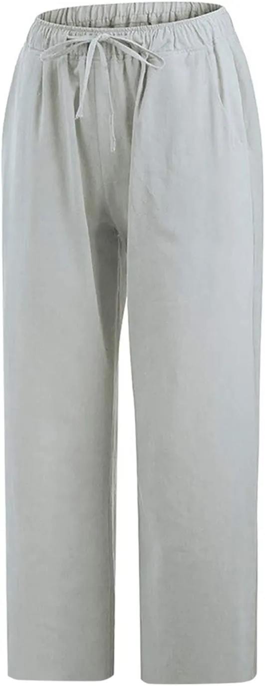 Capris Pants for Women Cotton Linen Casual Summer 2025 Loose Fit Drawstring Elastic Waist Cropped Trouser Beach Pants