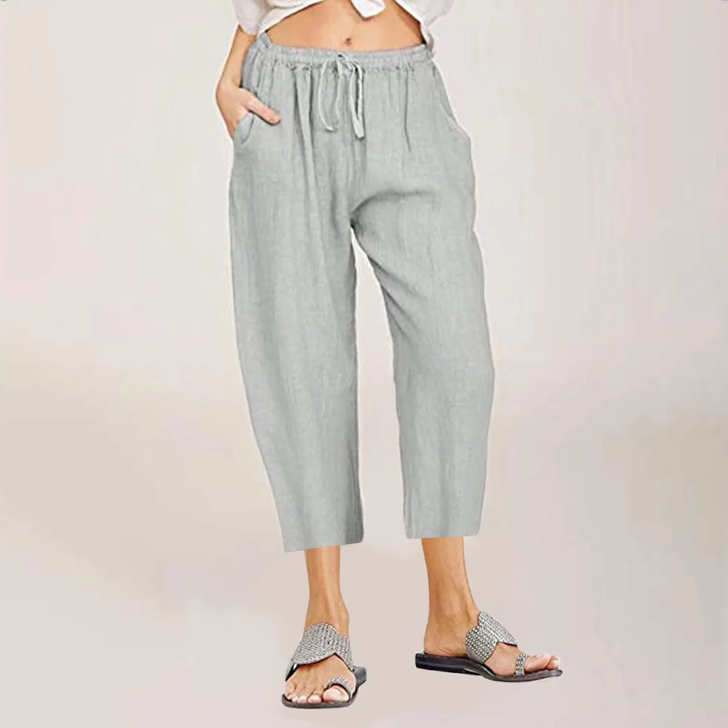 Capris Pants for Women Cotton Linen Casual Summer 2025 Loose Fit Drawstring Elastic Waist Cropped Trouser Beach Pants