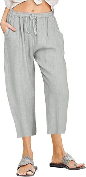 Capris Pants for Women Cotton Linen Casual Summer 2025 Loose Fit Drawstring Elastic Waist Cropped Trouser Beach Pants