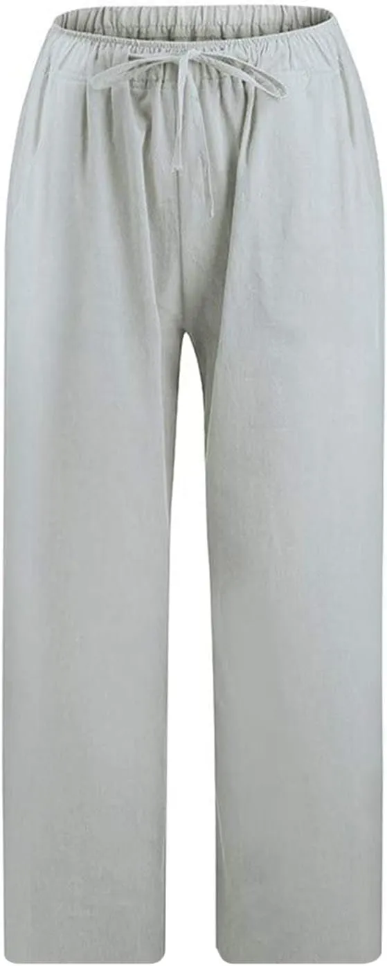 Capris Pants for Women Cotton Linen Casual Summer 2025 Loose Fit Drawstring Elastic Waist Cropped Trouser Beach Pants