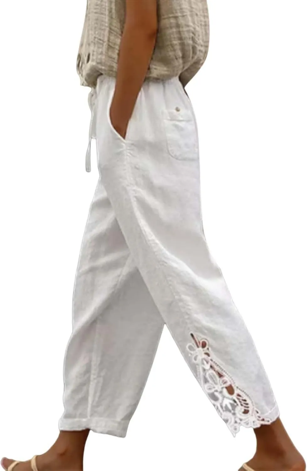 Capris Pants For Women High Waist Elastic Casual Trousers 2024 Summer Baggy Cropped Pant Lace Patchwork Comfy Pants