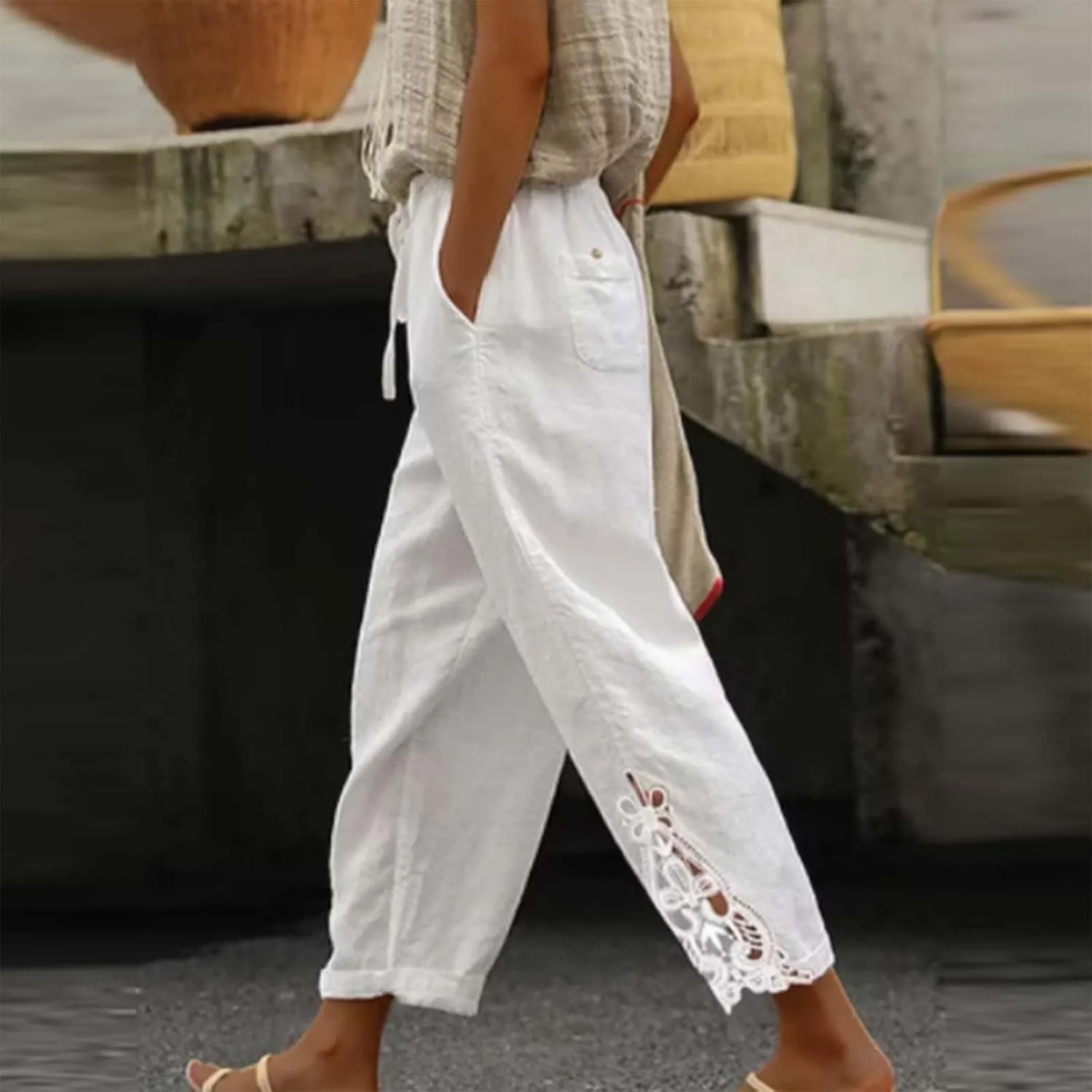 Capris Pants For Women High Waist Elastic Casual Trousers 2024 Summer Baggy Cropped Pant Lace Patchwork Comfy Pants